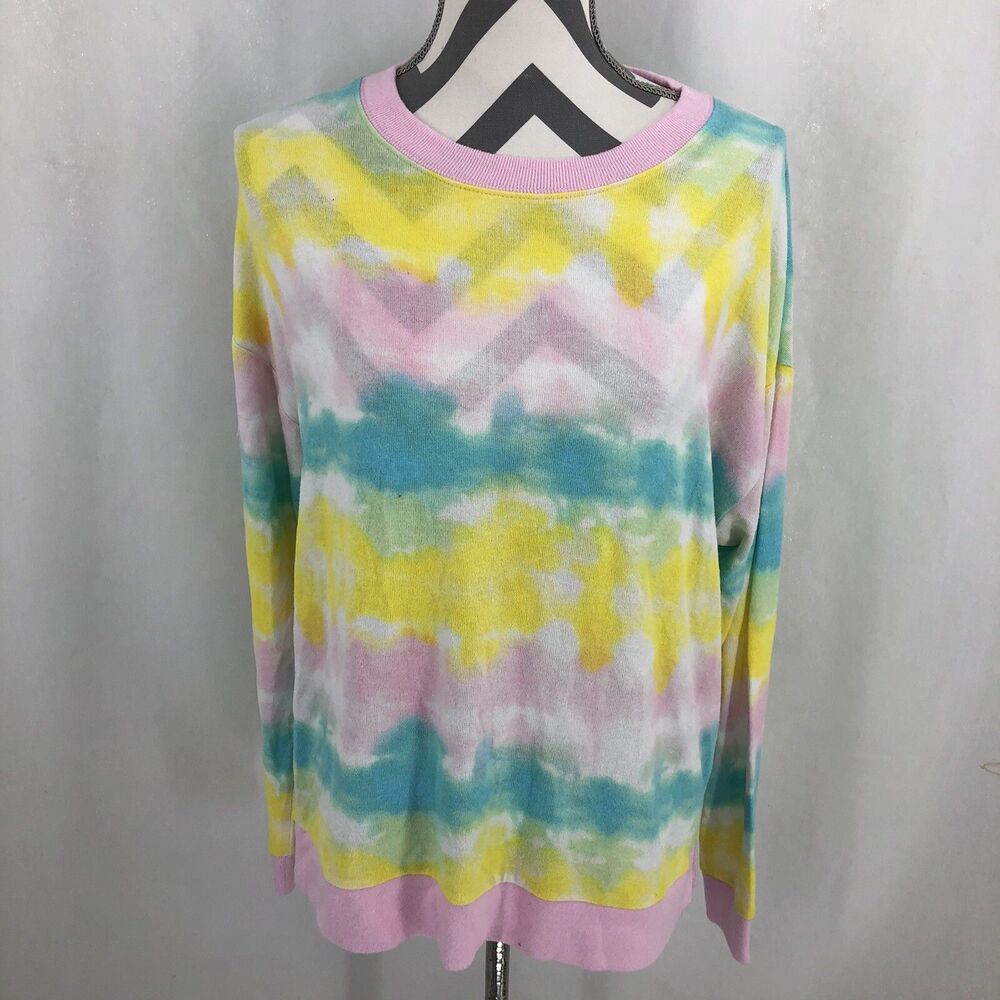 Free Press Crew Neck Sweater Pink Opal Tie Dye Stripe Blue Yellow Medium NWT